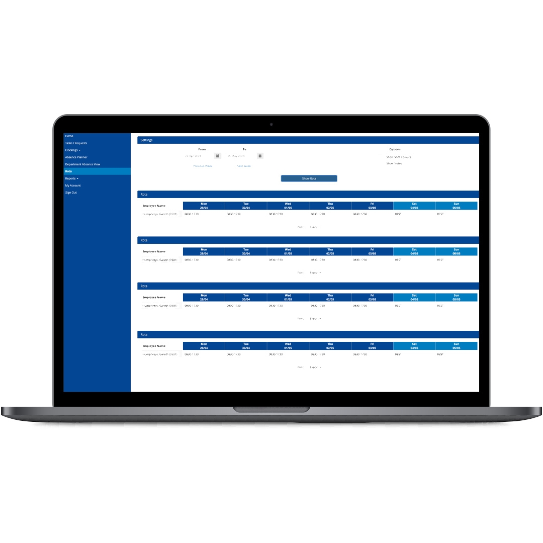 Self service app showing Staff Rota