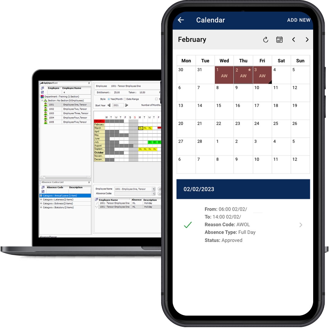 Time & Attendance software on mobile and laptop showing staff calendars